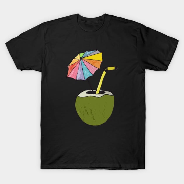 Hand drawn coconut drink with colorful umbrella drink T-Shirt by WatercolorFun